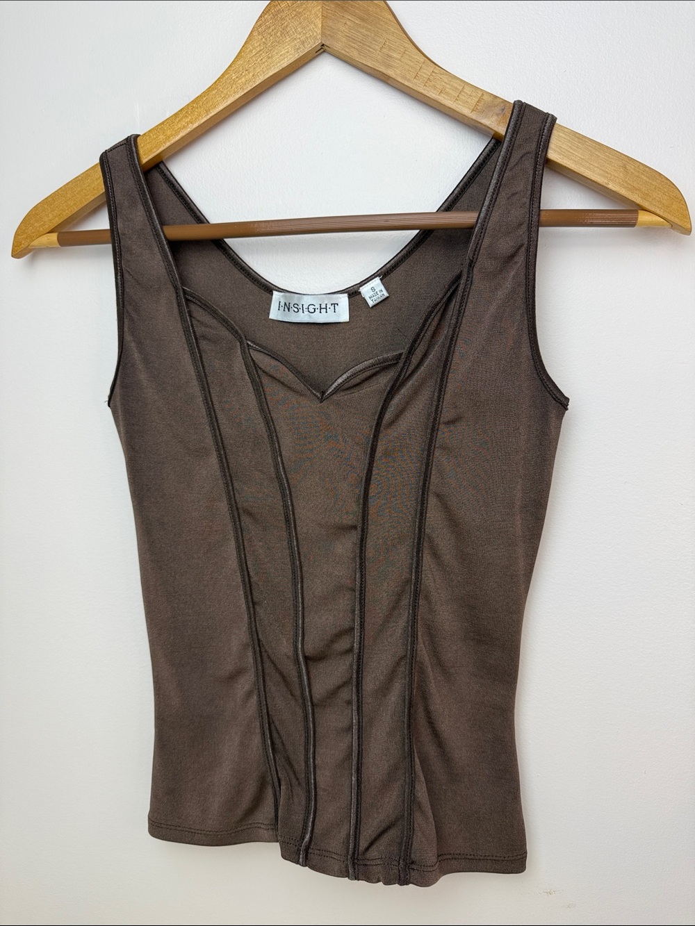 Insight Chocolate Brown Fitted Tank with Front Paneled Seams, Scalloped Neck S
